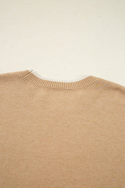 Tan Leopard Bow Decor Split Cuff Contrast Trim Sweater