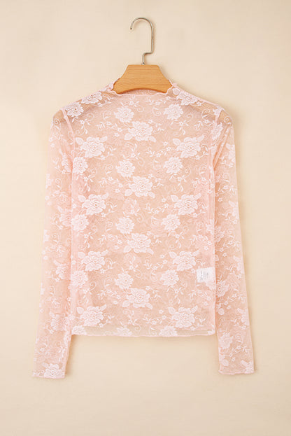White Sheer Floral Lace Mesh Mock Neck Long Sleeve Top