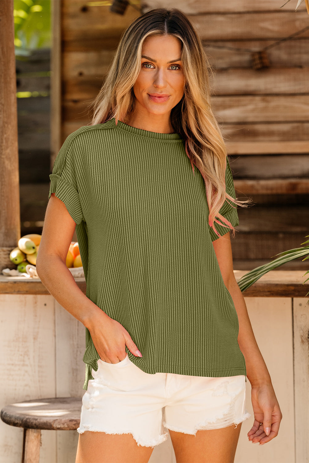 Medium Grey Textured Knit Exposed Stitching T-shirt