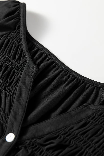 Black Smocked Bust Buttoned Split V Neck Flow Fit Blouse