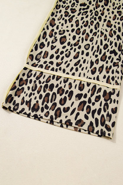 Khaki Exposed Seam Patched Pocket Plus Size Drawstring Leopard Wide Leg Pants