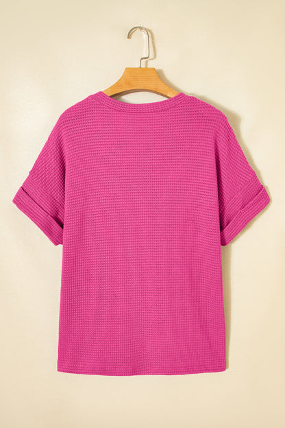 Strawberry Pink Waffle V Neck Short Sleeve Knit Top
