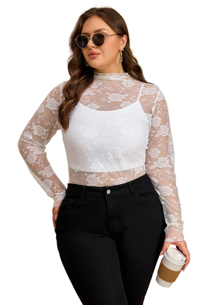 Black Plus Size Floral Mesh Long Sleeve Top