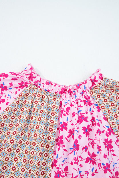 Pink Boho Mixed Floral Drop Shoulder Bubble Sleeve Blouse