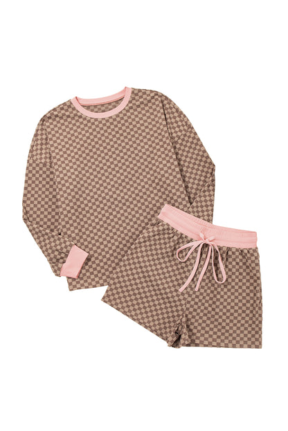 Sky Blue Checkerboard Long Sleeve Pullover and Shorts Set
