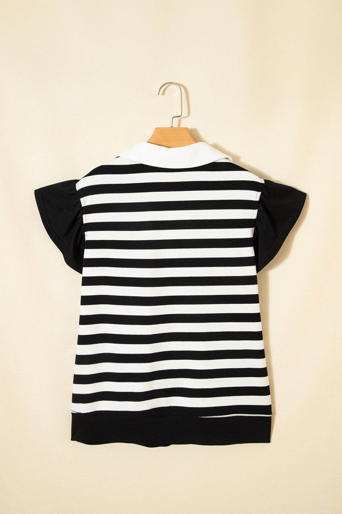 Green Stripe Collar V Neck Ruffled Short Sleeve Blouse