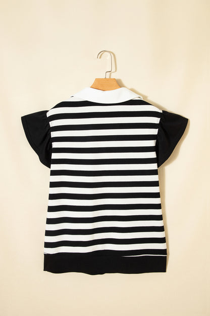 Green Stripe Collar V Neck Ruffled Short Sleeve Blouse