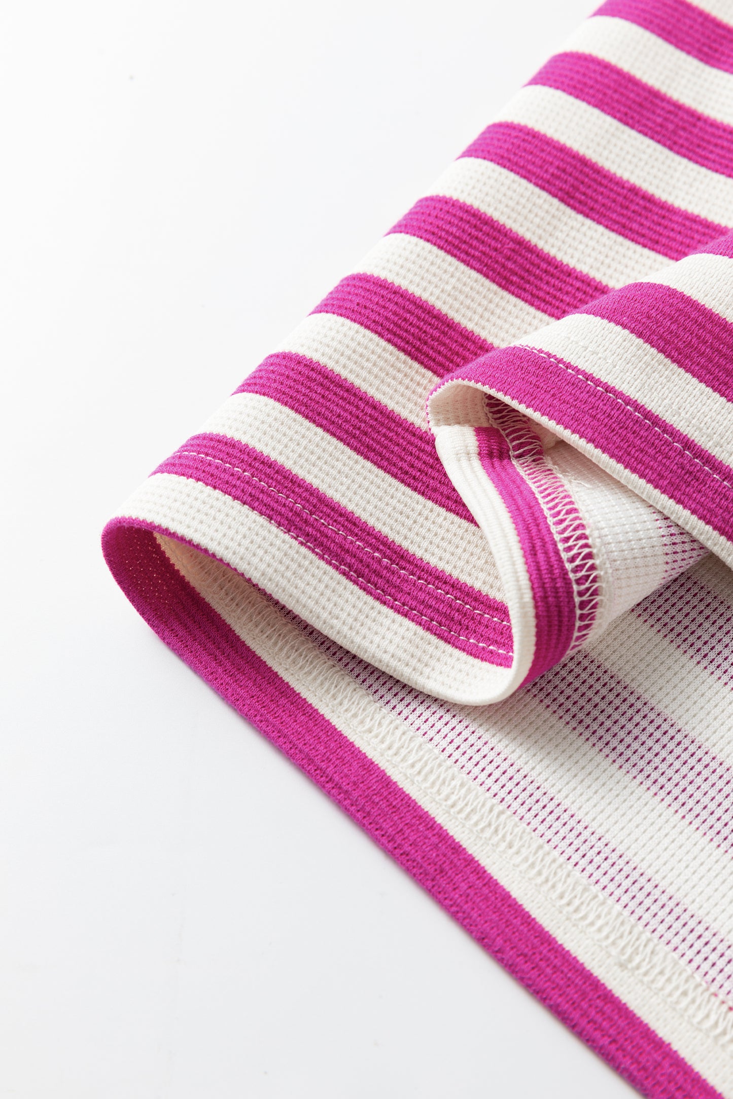Rose Stripe Short Puff Sleeve Contrast Trim Round Neck Tee