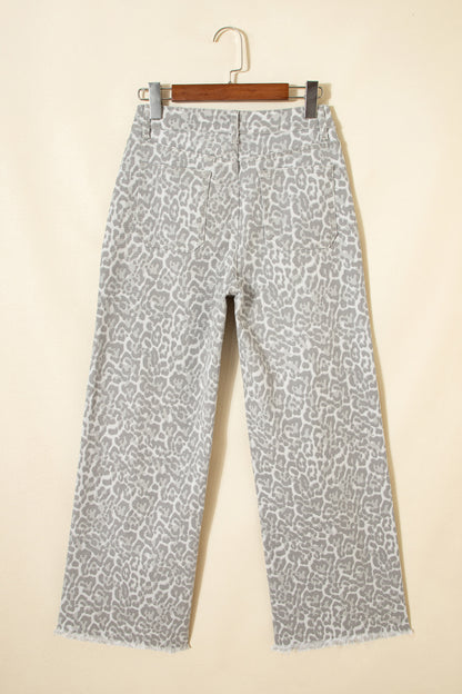 Sky Blue Leopard Frayed Edge Wide Leg High Waist Jeans