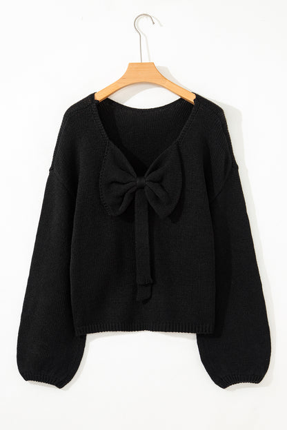 Fiery Red Festive Bow Backless Bubble Sleeve Sweater