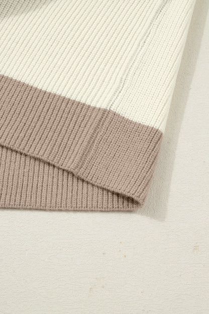 White Color Block Ribbed Knit Button Down Sweater Cardigan