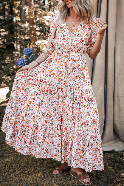 Red Boho Half Sleeve Floral V Neck Maxi Dress