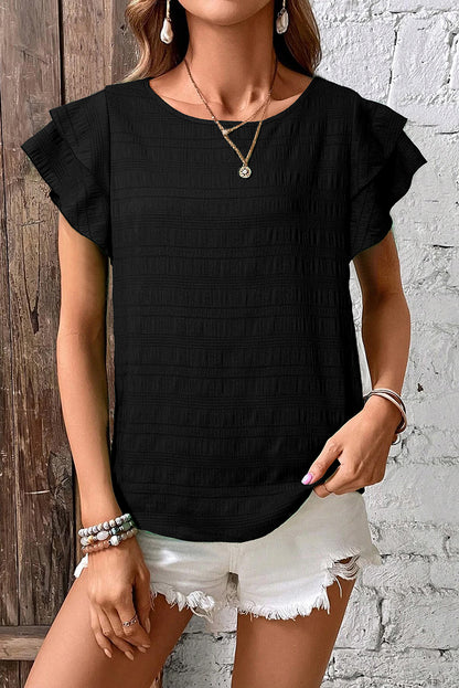 Dark Blue Textured Ruffled Sleeve Round Neck Top