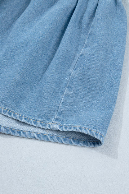 Beau Blue Button Down Short Puff Sleeve Ruffle Hem Patchwork Denim Dress