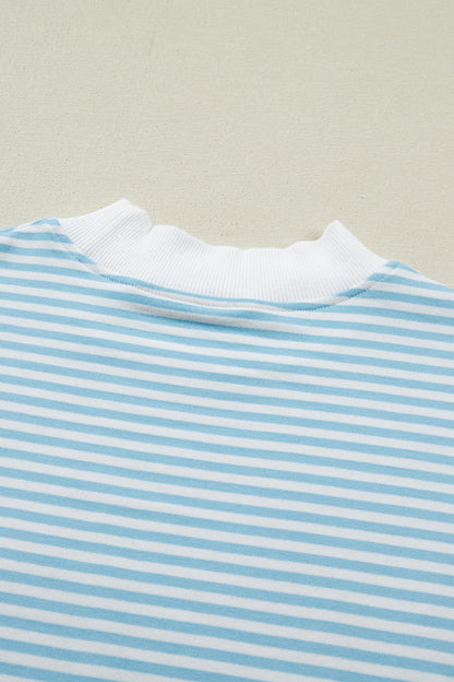 Green Stripe Cuffed Sleeve Contrast Mock Neck Tee Casual 2pcs Short Set
