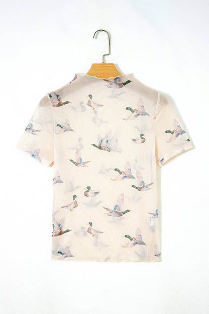Beige Mallard Sheer Mesh Short Sleeve Top