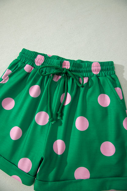 Pink Polka Dot Print V Neck Tee Short Set