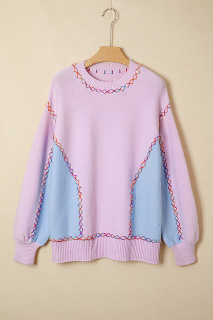 White Rainbow Stitching Balloon Sleeve Relaxed Sweater