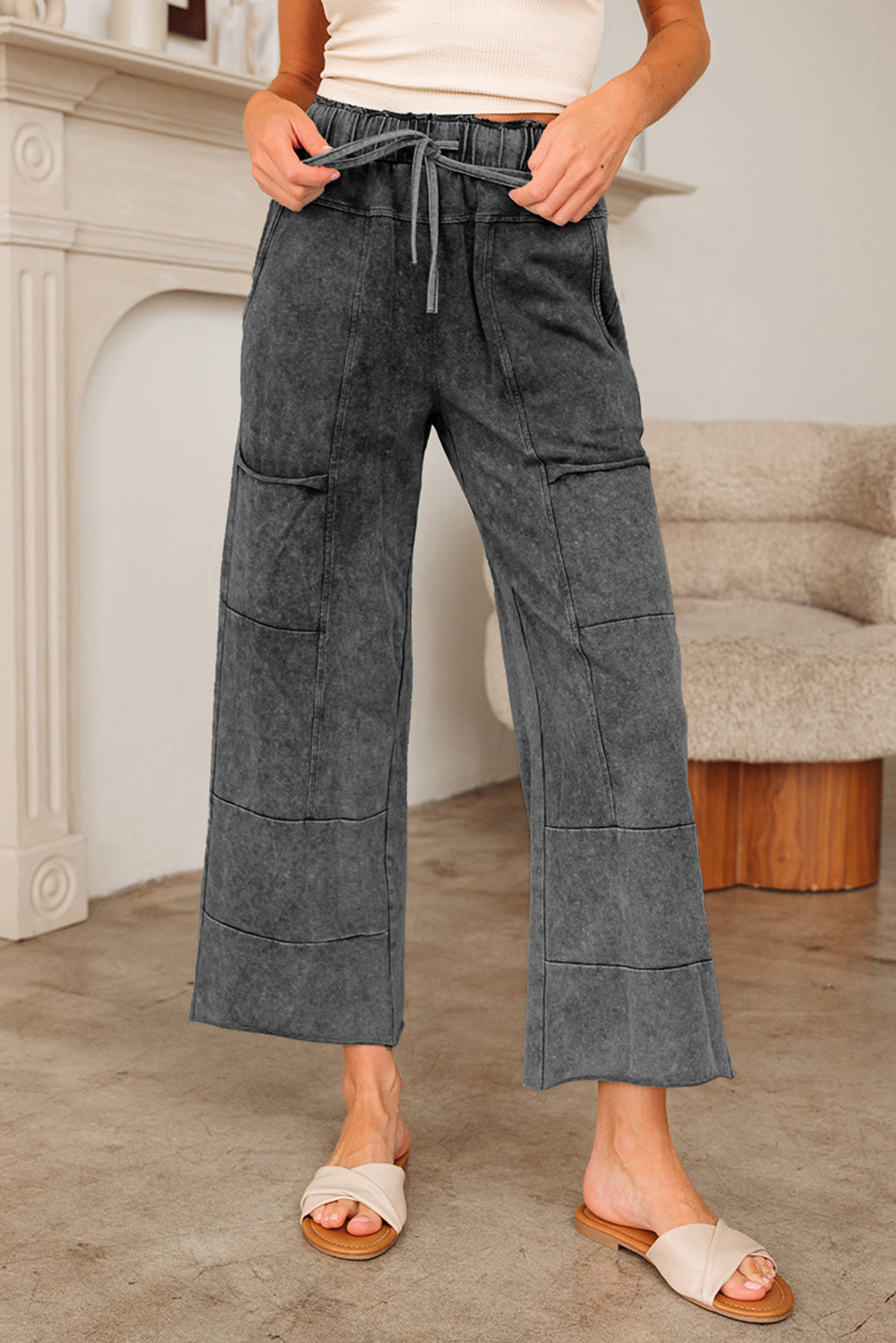 Wild Ginger Mineral Wash Lace-up High Waist Raw Hem Patched Pocket Pants