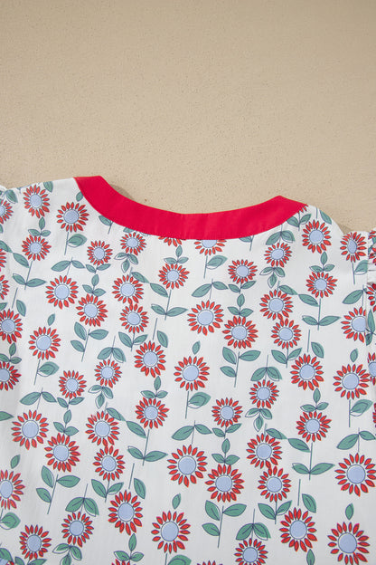 Sky Blue Floral Print Contrast Trim Flutter Sleeve Mini Dress