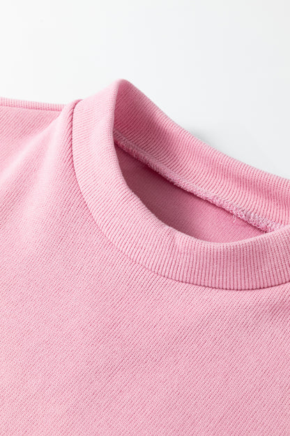 Pink Textured Knit High Neck Loose Tee Elastic Waist Loose Pant Set