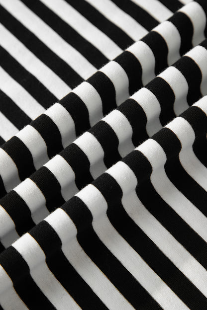 Black Striped Print V Neck Delicate Trim Casual Tee