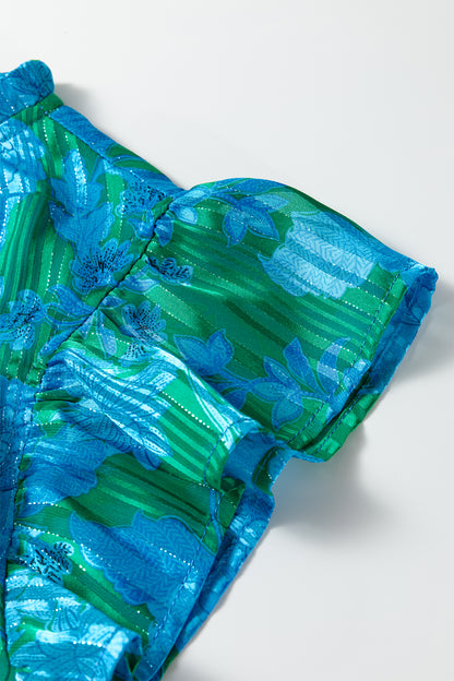 Green Floral Print Ruffled Sleeve Summer Blouse
