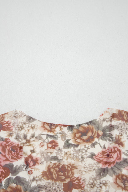 Red Floral Print Stitched Detail Tie V Neck Long Bell Sleeve Blouse