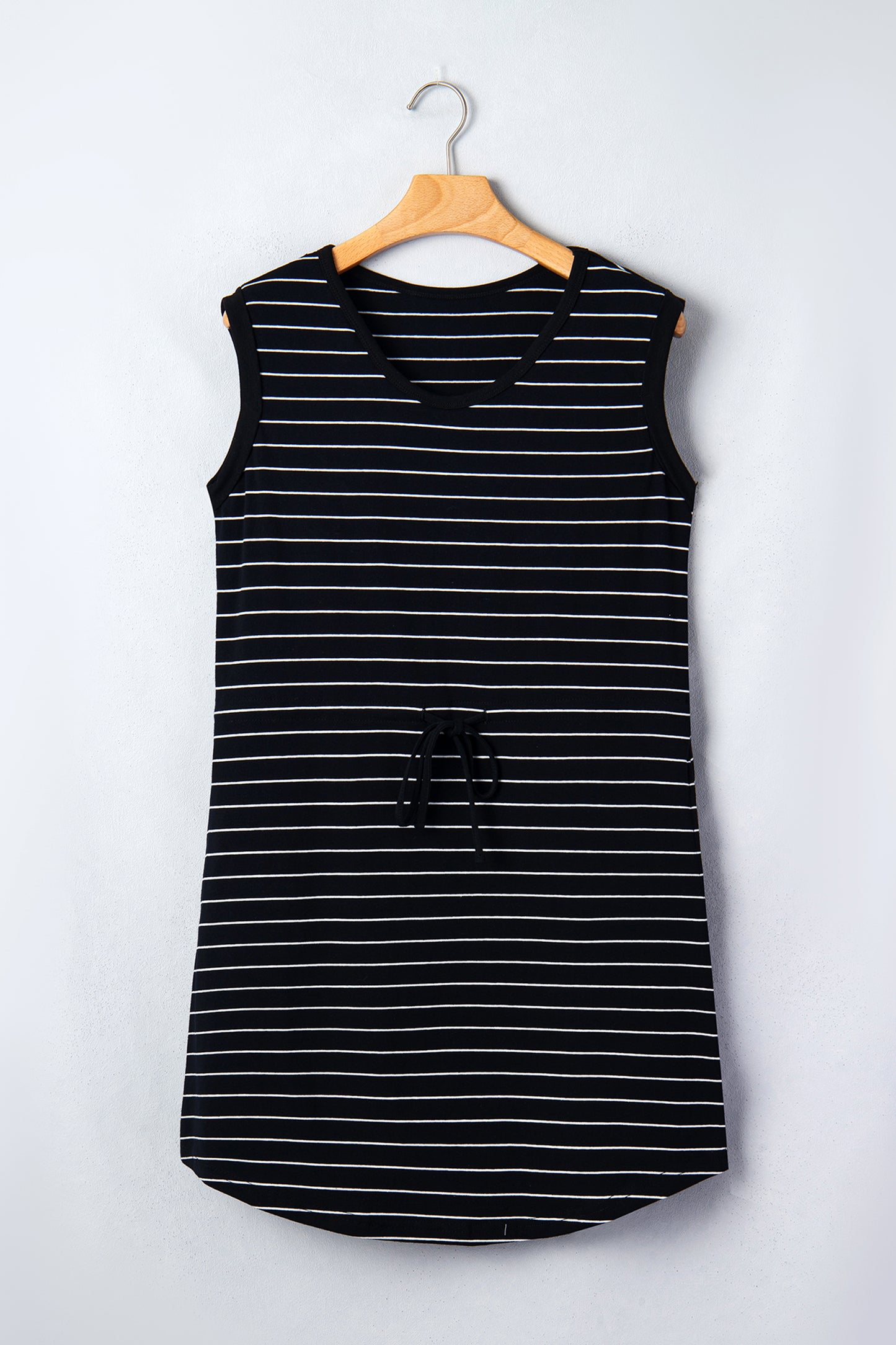 Black Stripe Drawstring Tunic Tank Mini Dress with Pockets
