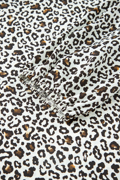 Khaki Plus Size Button V Neck Leopard Print Puff Sleeve Loose Mini Dress