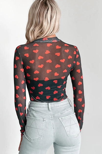 Pink Valentines Heart Printed Sheer Mesh Long Sleeve Top