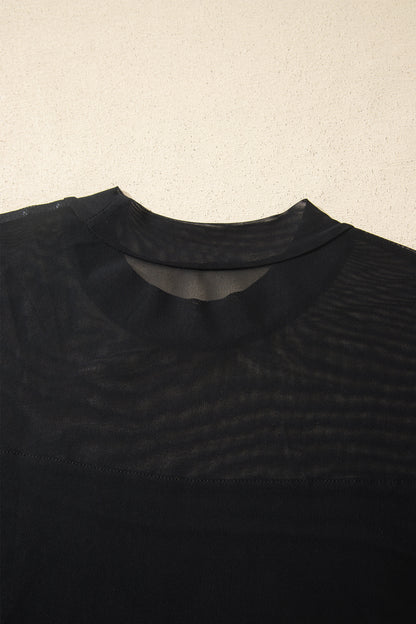 Black Plus Size Sheer Mesh Panel Short Sleeve Top
