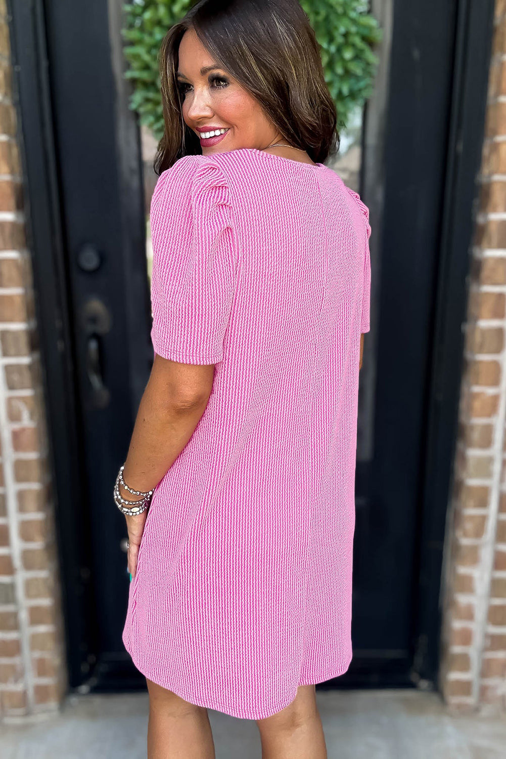 Parchment Corded Knit Crew Neck Puff Sleeve Shift Mini Dress