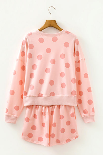 Sky Blue Polka Dot Print Drop Shoulder Pullover Drawstring Shorts Set