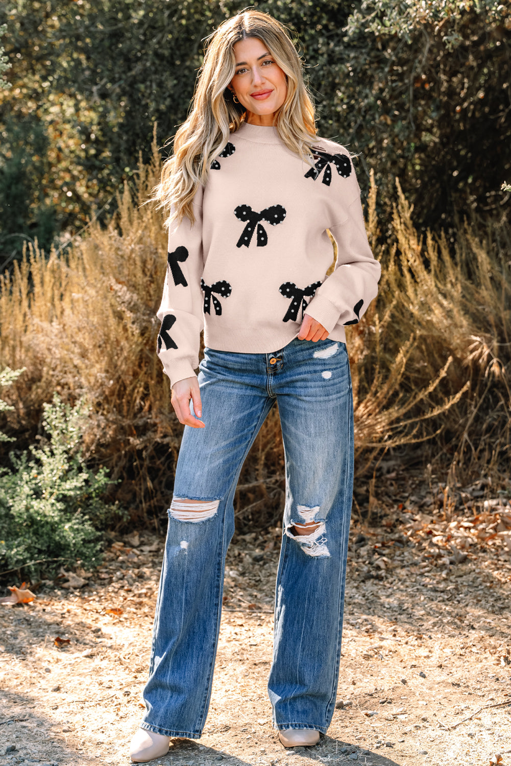 Racing Red Pearl Embellished Bow Pattern Loose Sweater