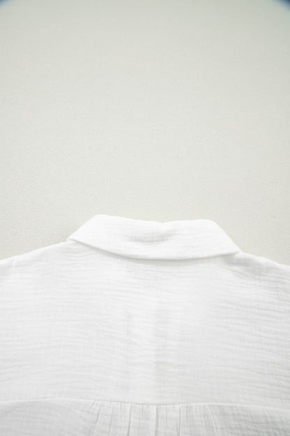 White Lace Trim Cuffed Short Sleeve Textured Shirt