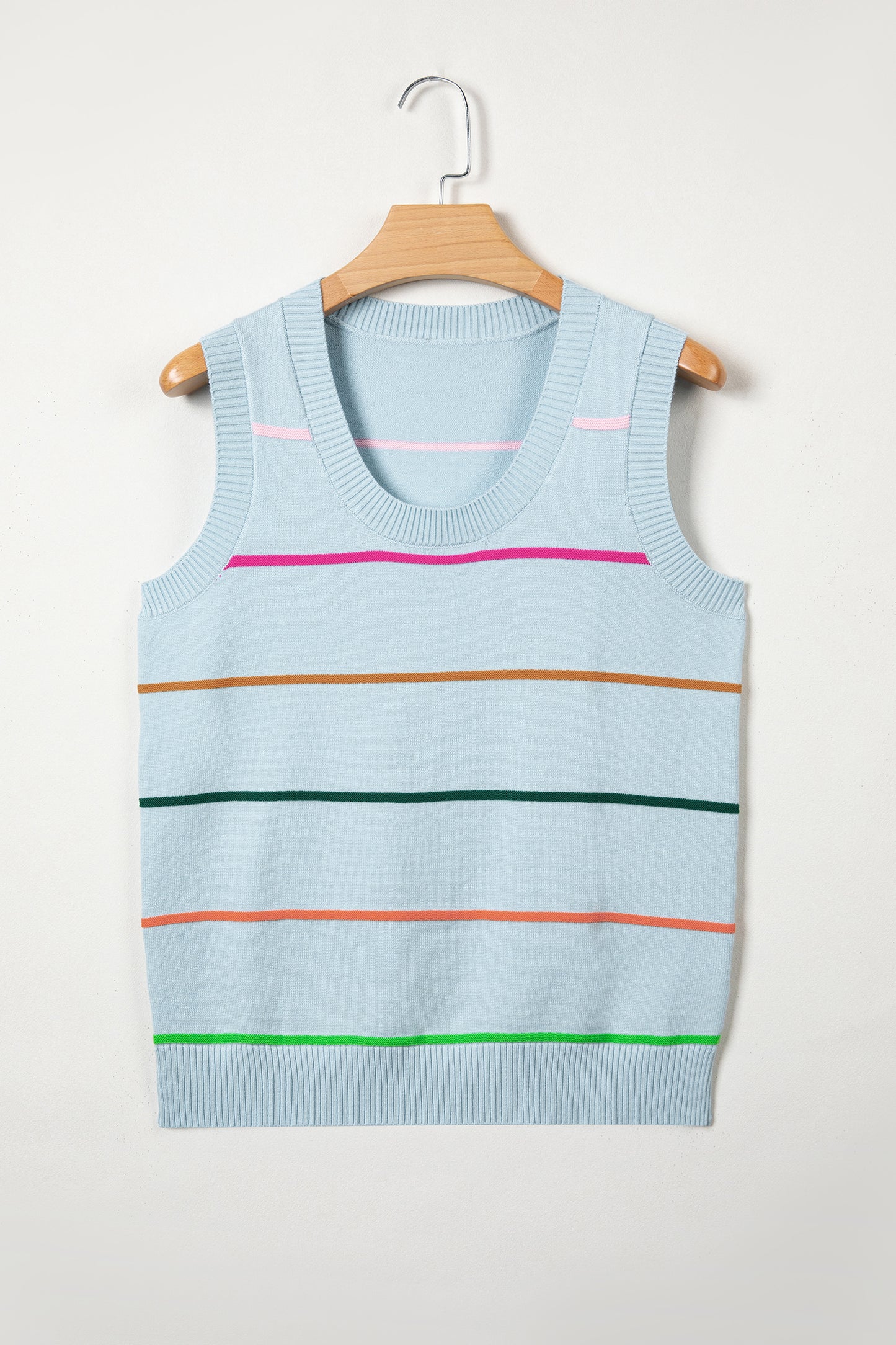 Sky Blue Stripe Round Neck Knitted Sweater Tank