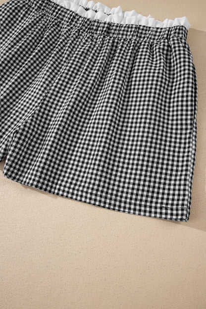 Sky Blue Contrast Trim Plaid Print Plus Size Shorts