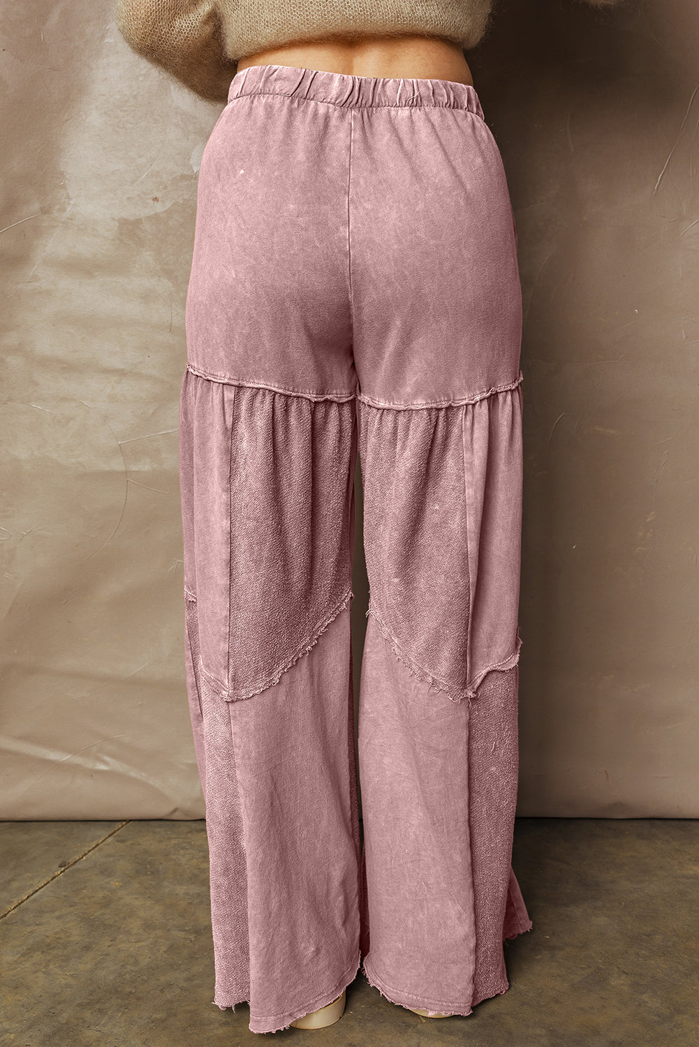 Straw Yellow Mineral Wash Tiered Wide Leg Patchwork Drawstring Pants