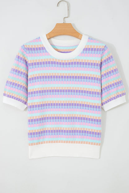 Orange Abstract Striped Knit Short Sleeve Sweater