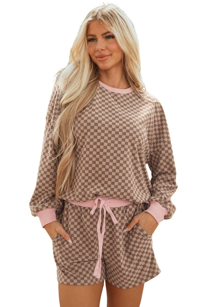 Sky Blue Checkerboard Long Sleeve Pullover and Shorts Set