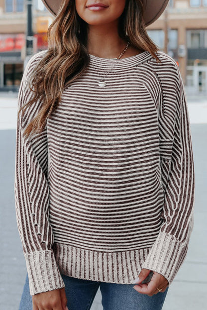 Medium Grey Striped Print Ribbed Knit Boat Neck Baggy Sweater