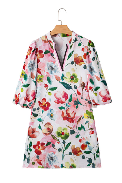 Red Floral Contrast Striped V Neck Puff Half Sleeve Shift Dress
