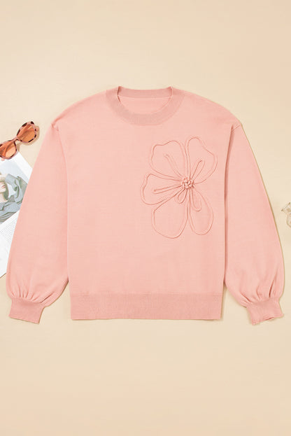 Peach Blossom Big Flower Accent Bubble Sleeve Drop Shoulder Sweater