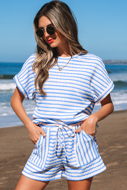 Pink Stripe Knitted Short Sleeve Top and Drawstring Shorts Set