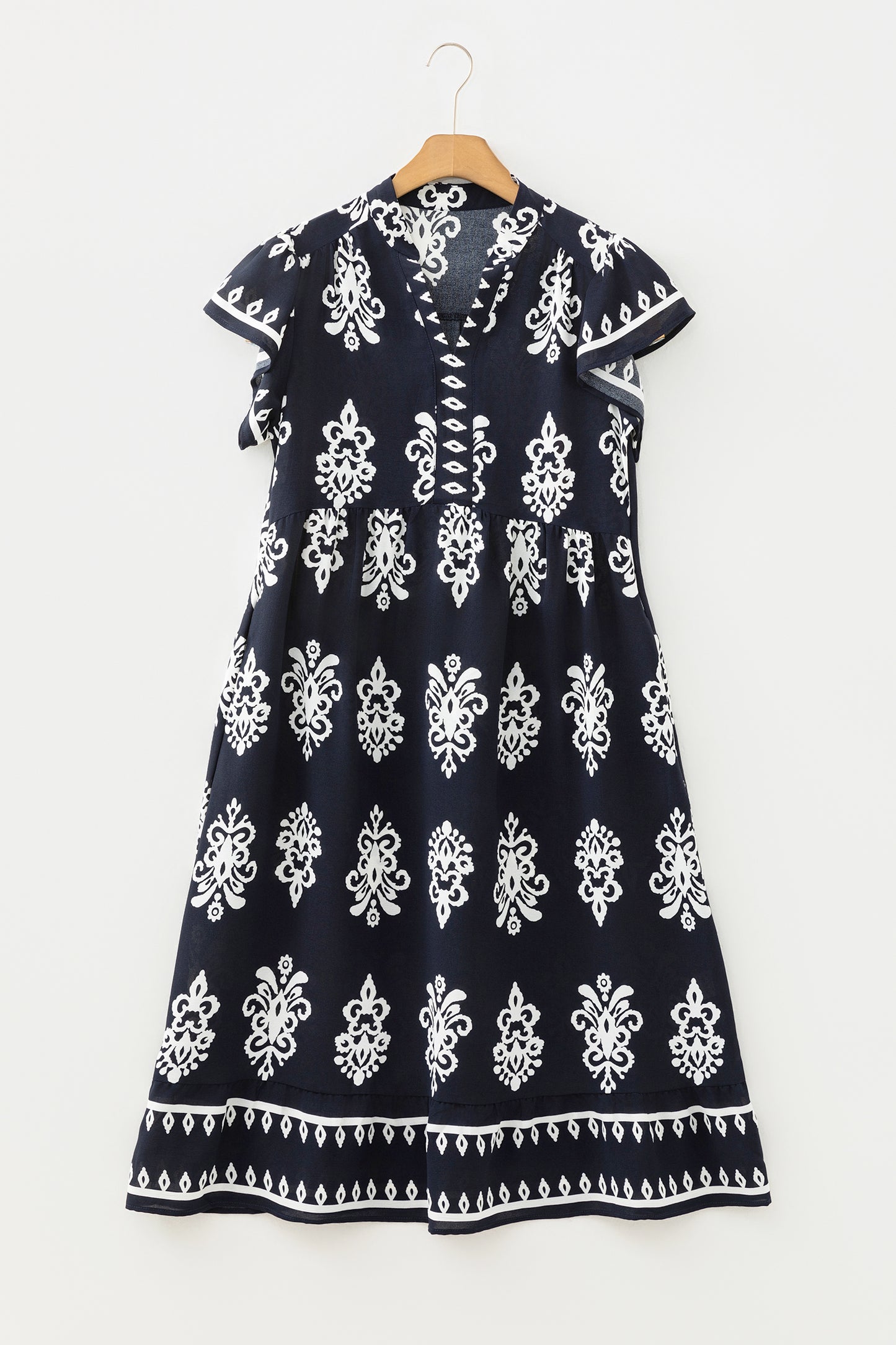 Blue Western Ethnic Print Notched Neck Short Sleeve Midi Dress