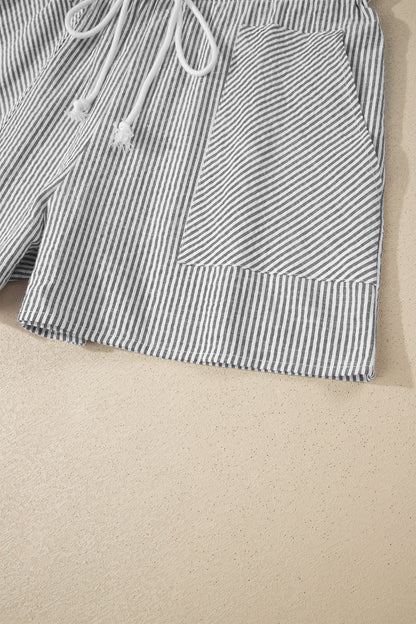 Gray Stripe Lace-up Elastic Waist Casual Pocketed Shorts