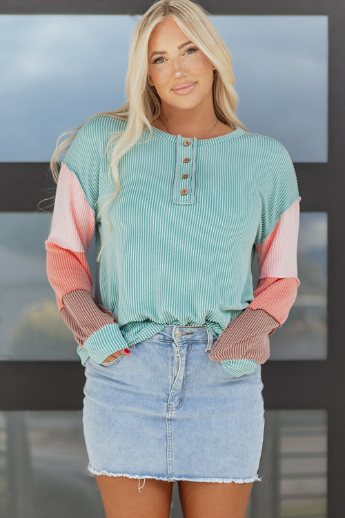 Multicolour Twisted Ribbed Knit Colorblock Henley Top