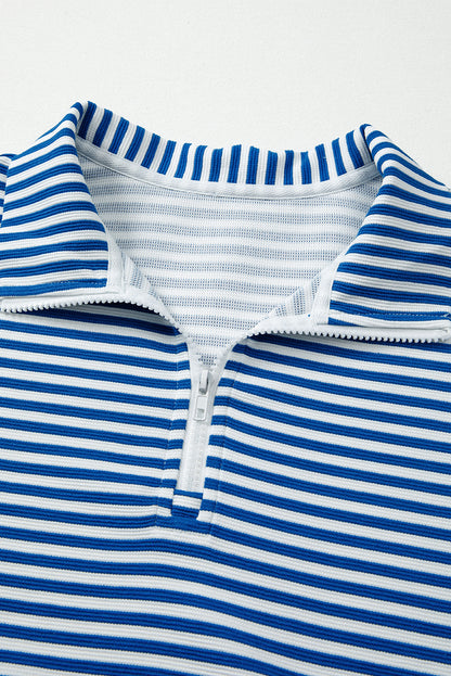 Green Stripe Quarter Zip Collar Pullover Long Sleeve Top