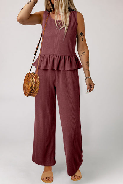 Black Solid Color Ribbed Ruffle Tank Top and Pants Set